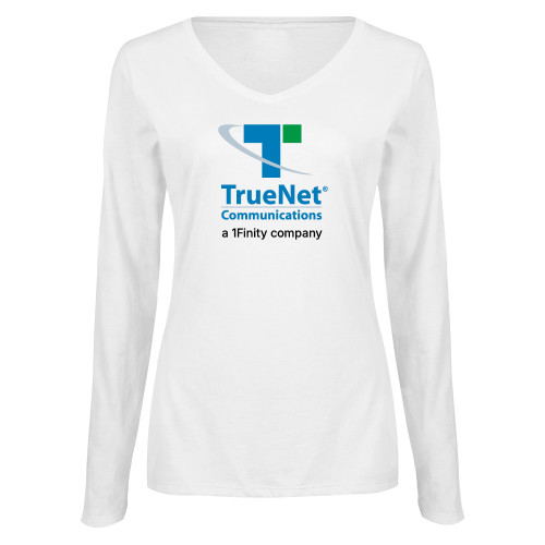 Womens White Long Sleeve V Neck Tee-TrueNet Communications Stacked