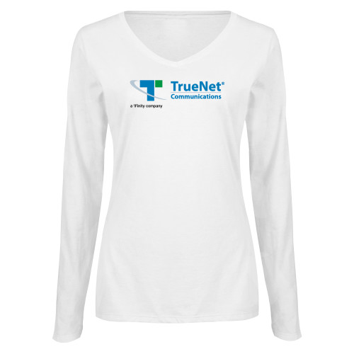 Womens White Long Sleeve V Neck Tee-TrueNet Communications Flat