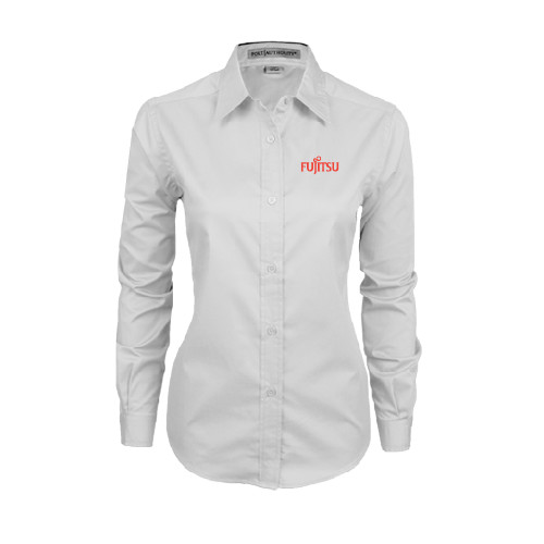 Womens White Twill Button Down Long Sleeve-Fujitsu