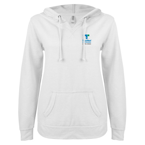 ENZA Womens White V Notch Raw Edge Fleece Hoodie-TrueNet Communications Stacked