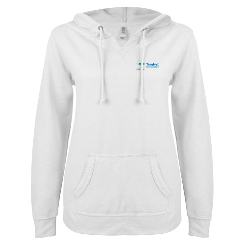 ENZA Womens White V Notch Raw Edge Fleece Hoodie-TrueNet Communications Flat