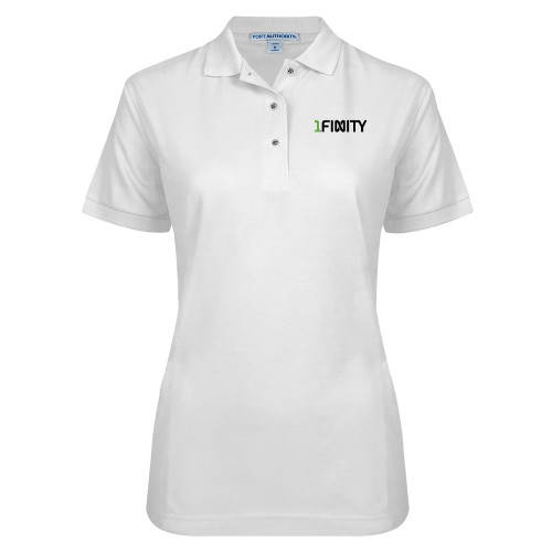 Womens Silk Touch White Pique Polo-1Finity Wordmark