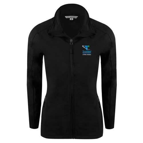 Womens Black Softshell Jacket-TrueNet Communications Stacked