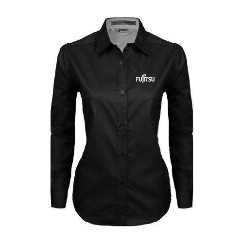 Womens Black Twill Button Down Long Sleeve -Fujitsu