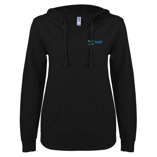ENZA Womens Black V Notch Raw Edge Fleece Hoodie-TrueNet Communications Flat