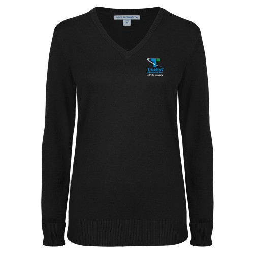 Womens Black VNeck Sweater-TrueNet Communications Stacked