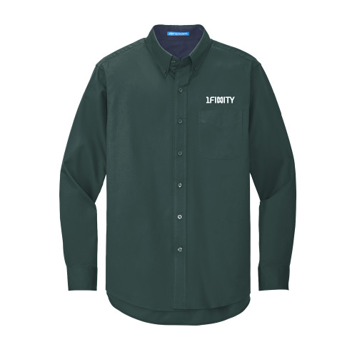 Dark Green Twill Button Down Long Sleeve-1Finity Wordmark 1 Color White