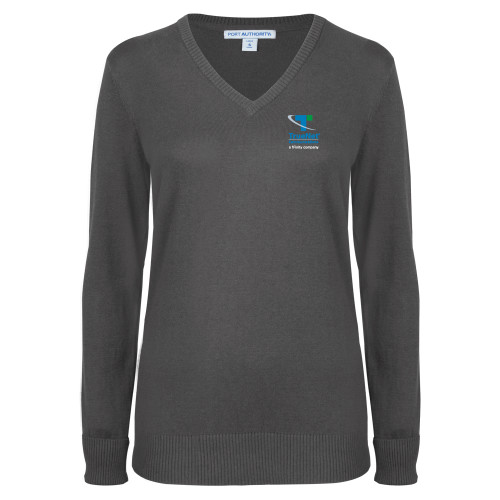 Womens Charcoal Heather VNeck Sweater-TrueNet Communications Stacked