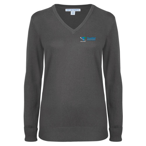 Womens Charcoal Heather VNeck Sweater-TrueNet Communications Flat
