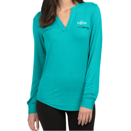 Ladies Lux Teal Split Neck Blouse-Fujitsu