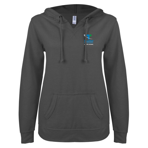 ENZA Womens Dark Heather V Notch Raw Edge Fleece Hoodie-TrueNet Communications Stacked