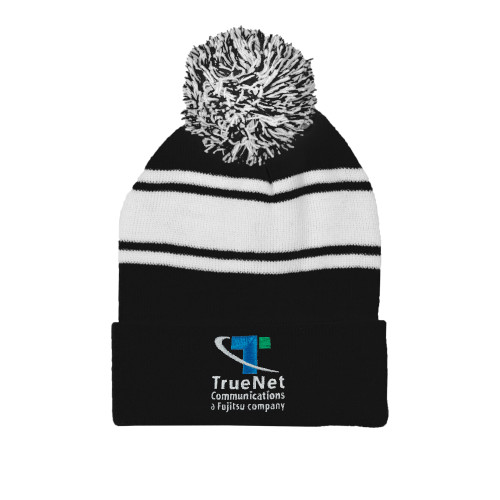 Black/White Two Tone Knit Pom Beanie w/Cuff-TrueNet Communications Stacked