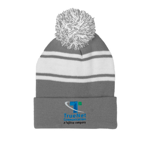 Grey/White Two Tone Knit Pom Beanie w/Cuff-TrueNet Communications Stacked