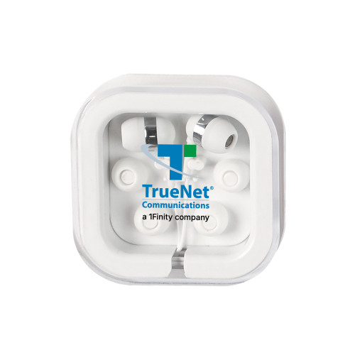 Ear Buds in Clear Square Case-TrueNet Communications Stacked