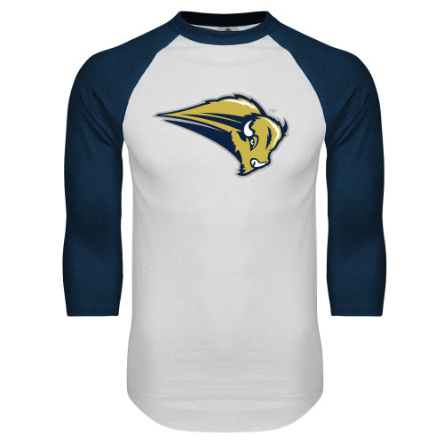  White/Navy Raglan Baseball T Shirt - Bison Mark