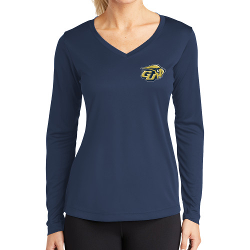  Womens Navy Performance Long Sleeve V Neck Shirt - GU Bison