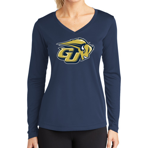  Womens Navy Performance Long Sleeve V Neck Shirt - GU Bison
