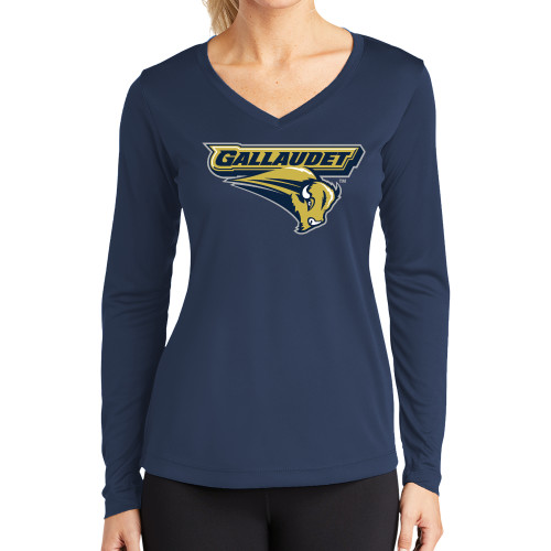  Womens Navy Performance Long Sleeve V Neck Shirt - Gallaudet Bison
