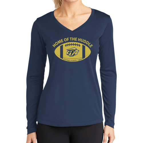  Womens Navy Performance Long Sleeve V Neck Shirt - Home of the Huddle