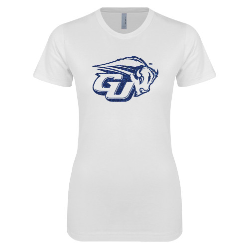  Next Level Womens White Boyfriend Tee - GU Bison Dark Blue Glitter