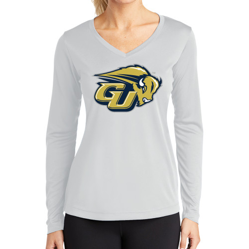 Womens White Performance Long Sleeve V Neck Shirt - GU Bison