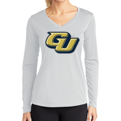 Womens White Performance Long Sleeve V Neck Shirt - GU
