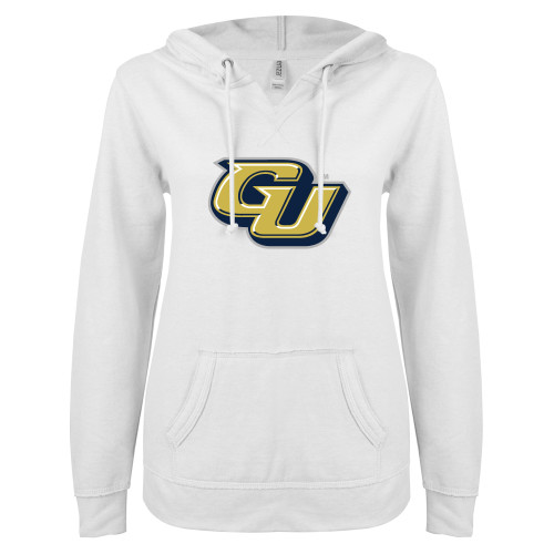  ENZA Womens White V Notch Raw Edge Fleece Hoodie - GU