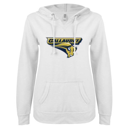  ENZA Womens White V Notch Raw Edge Fleece Hoodie - Gallaudet Bison