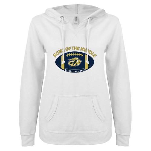  ENZA Womens White V Notch Raw Edge Fleece Hoodie - Home of the Huddle
