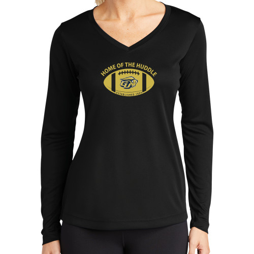  Womens Black Performance Long Sleeve V Neck Shirt - Home of the Huddle