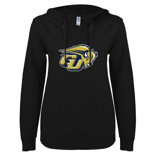  ENZA Womens Black V Notch Raw Edge Fleece Hoodie - GU Bison