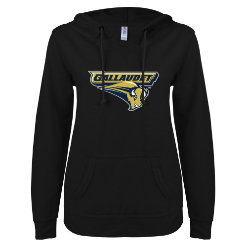  ENZA Womens Black V Notch Raw Edge Fleece Hoodie - Gallaudet Bison
