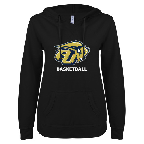  ENZA Womens Black V Notch Raw Edge Fleece Hoodie - Basketball