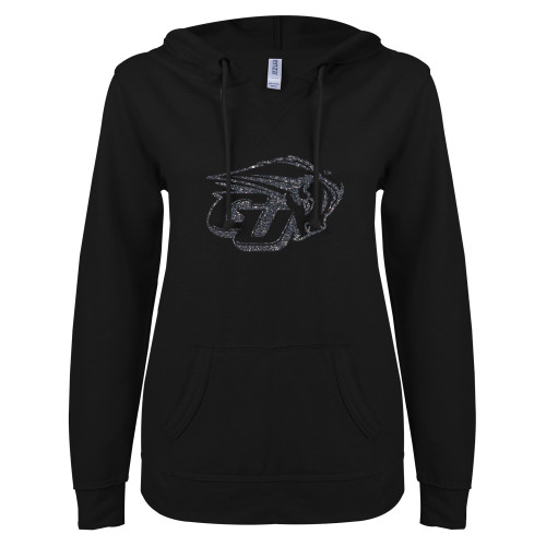  ENZA Womens Black V Notch Raw Edge Fleece Hoodie - GU Bison Graphite Soft Glitter