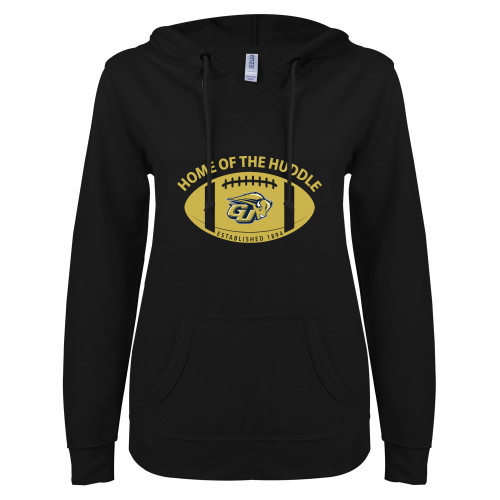  ENZA Womens Black V Notch Raw Edge Fleece Hoodie - Home of the Huddle