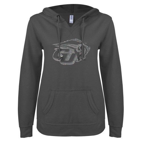  ENZA Womens Dark Heather V Notch Raw Edge Fleece Hoodie - GU Bison Silver Soft Glitter