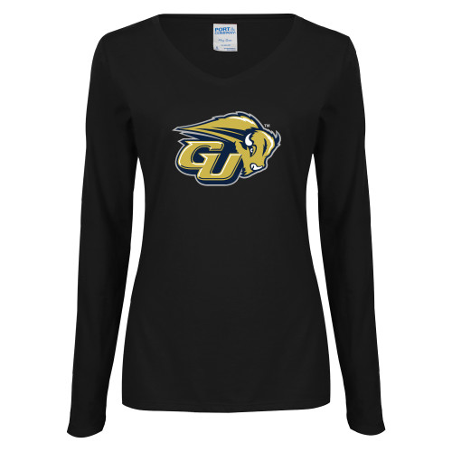  Womens Black Long Sleeve V Neck Tee  - GU Bison