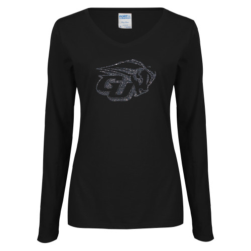  Womens Black Long Sleeve V Neck Tee  - GU Bison Graphite Soft Glitter