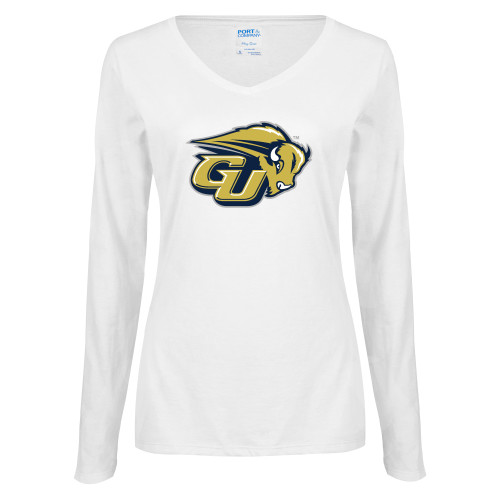  Womens White Long Sleeve V Neck Tee - GU Bison