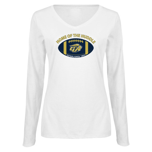  Womens White Long Sleeve V Neck Tee - Home of the Huddle