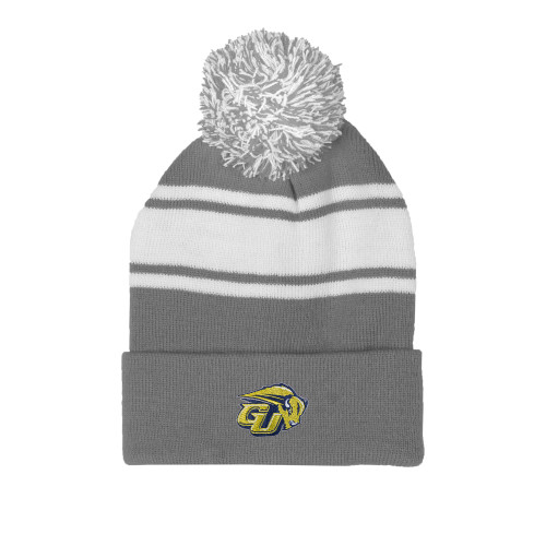  Grey/White Two Tone Knit Pom Beanie w/Cuff - GU Bison