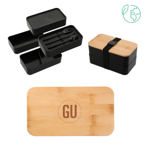  Stackable Bamboo Fiber Black Bento Box - GU Logo Engraved