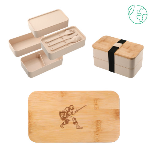  Stackable Bamboo Fiber Beige Bento Box - Gannon Golden Knight Logo Engraved