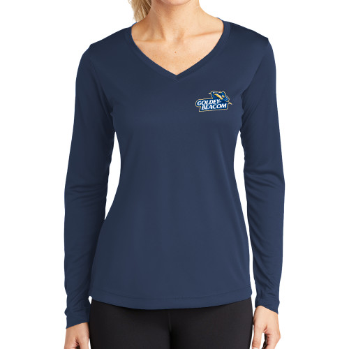  Womens Navy Performance Long Sleeve V Neck Shirt - Primary Mark