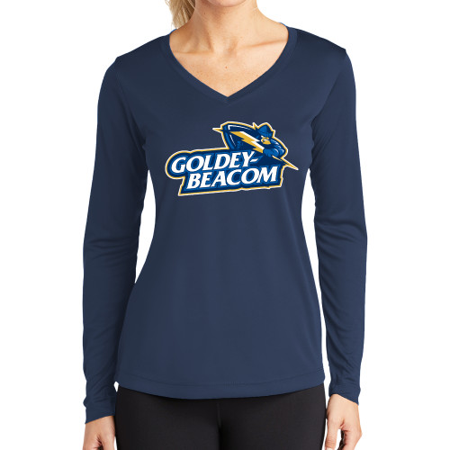  Womens Navy Performance Long Sleeve V Neck Shirt - Primary Mark