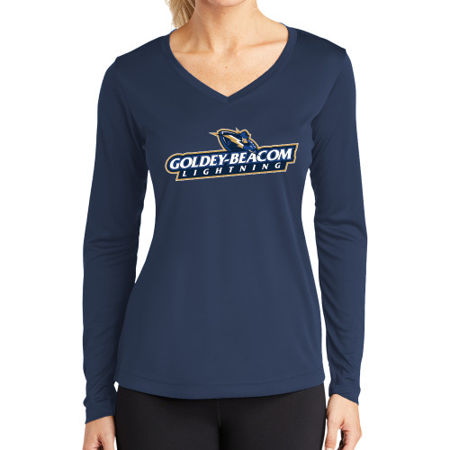  Womens Navy Performance Long Sleeve V Neck Shirt - Horizontal Lighting