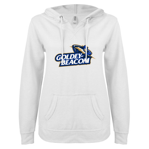 ENZA Womens White V Notch Raw Edge Fleece Hoodie - Primary Mark