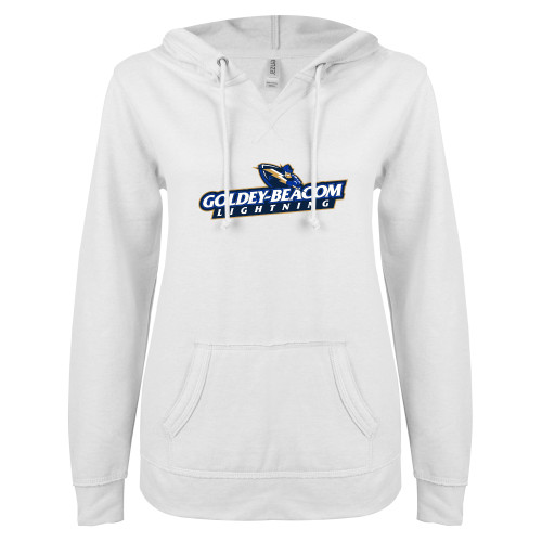  ENZA Womens White V Notch Raw Edge Fleece Hoodie - Horizontal Lighting