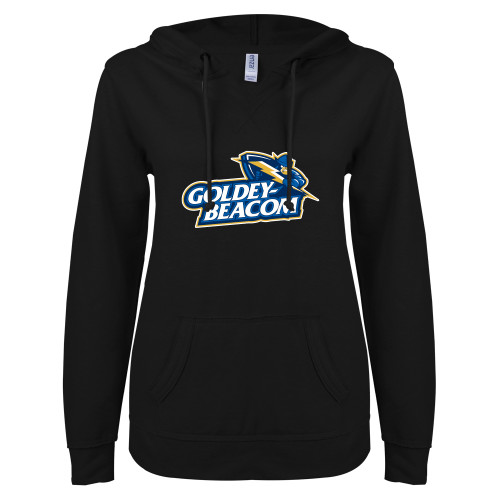  ENZA Womens Black V Notch Raw Edge Fleece Hoodie - Primary Mark