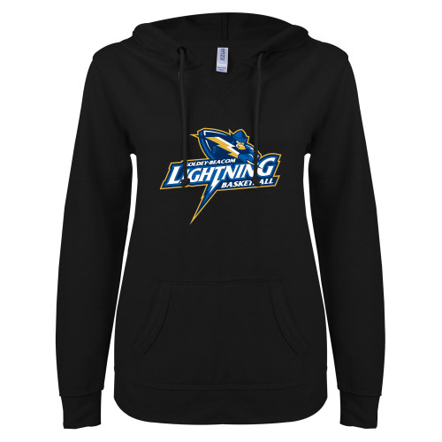  ENZA Womens Black V Notch Raw Edge Fleece Hoodie - Basketball